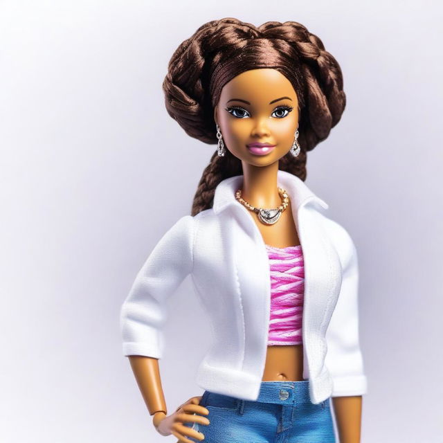 A depiction of an African American Barbie, with braids as her hairstyle, standing confidently on a white background