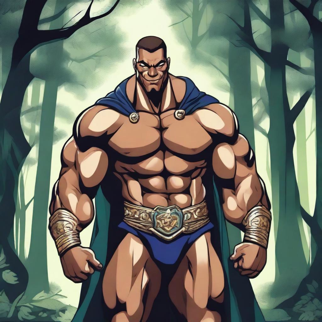 A detailed illustration of a human hexblade warlock bodybuilder flexing his biceps with a confident smile