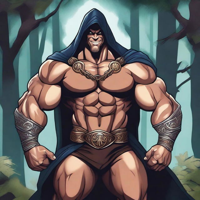 A detailed illustration of a human hexblade warlock bodybuilder flexing his biceps with a confident smile