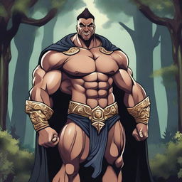 A detailed illustration of a human hexblade warlock bodybuilder flexing his biceps with a confident smile