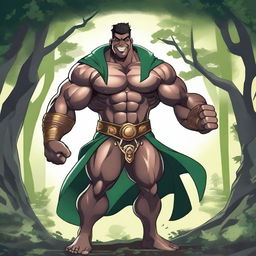 A detailed illustration of a human hexblade warlock bodybuilder flexing his biceps with a confident smile