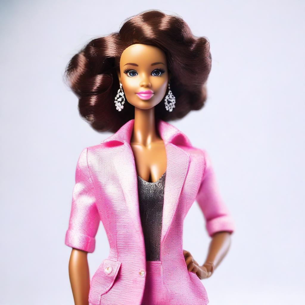 A depiction of an African American Barbie, standing confidently on a white background