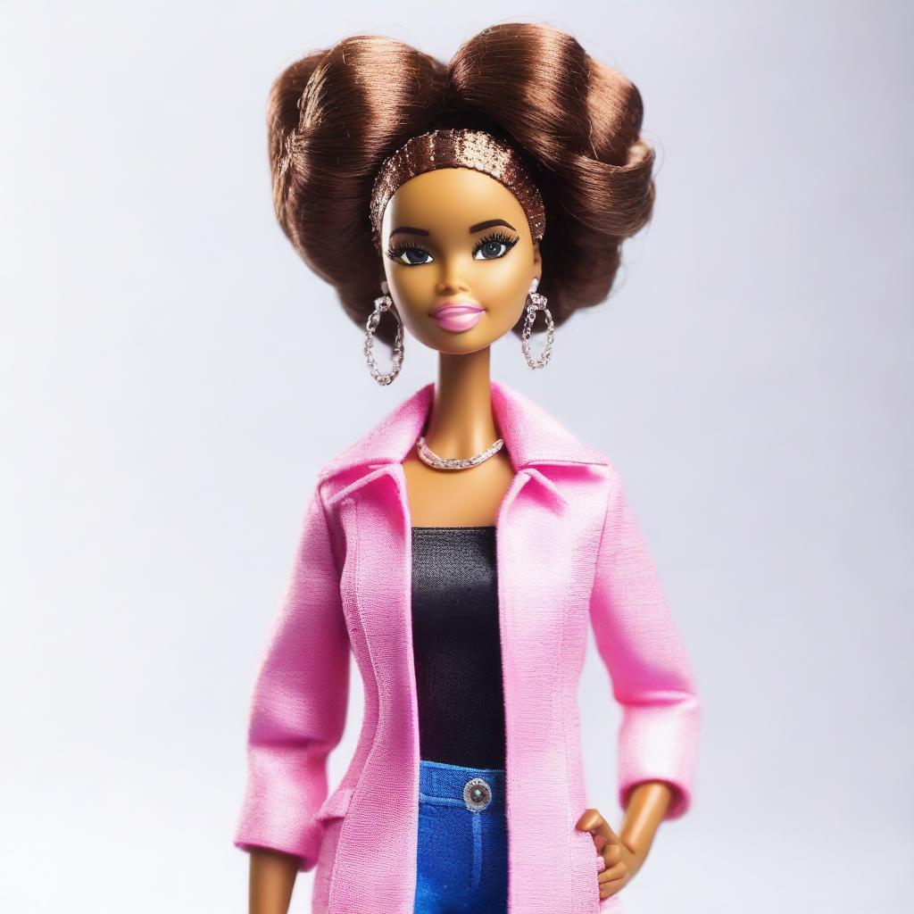 A depiction of an African American Barbie, standing confidently on a white background