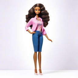 A depiction of an African American Barbie, standing confidently on a white background