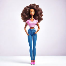 A depiction of an African American Barbie, standing confidently on a white background