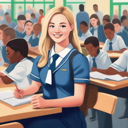 A detailed illustration of Sydney Sweeney attending school