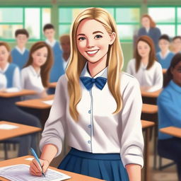 A detailed illustration of Sydney Sweeney attending school