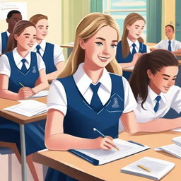 A detailed illustration of Sydney Sweeney attending school