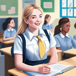 A detailed illustration of Sydney Sweeney attending school