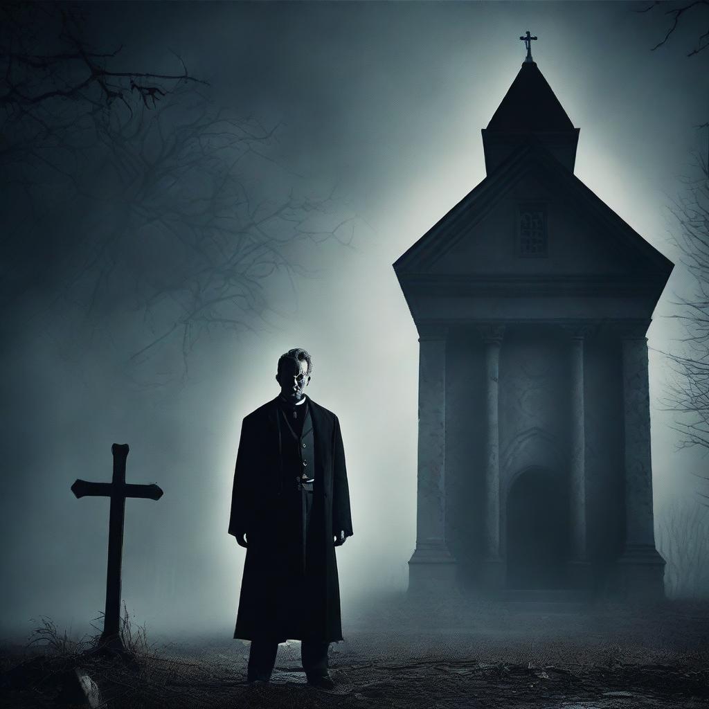 A horror movie poster featuring an evil preacher standing ominously in front of a spooky, dry well