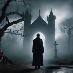 A horror movie poster featuring an evil preacher standing ominously in front of a spooky, dry well