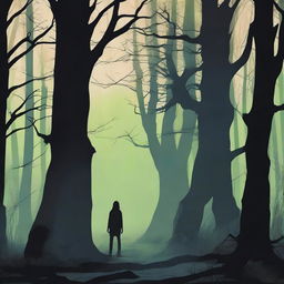 Illustration of Ira, 25, standing in a dense, misty forest, with twisted trees looming behind