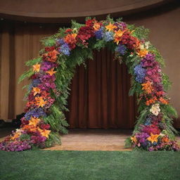 A multicolored, Arc-shaped flower decoration in front of the stage, overflowing with a variety of vibrant flowers and lush greenery.