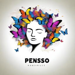 An artistic depiction of a mind with multiple butterflies around it and the phrase 'penso, logo poetizo' written