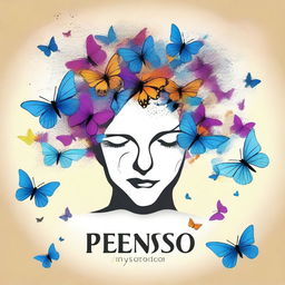 An artistic depiction of a mind with multiple butterflies around it and the phrase 'penso, logo poetizo' written