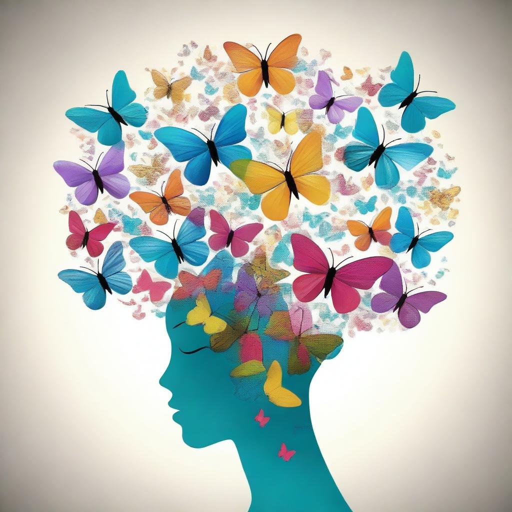 An artistic depiction of a mind with multiple butterflies around it and the phrase 'penso, logo poetizo' written