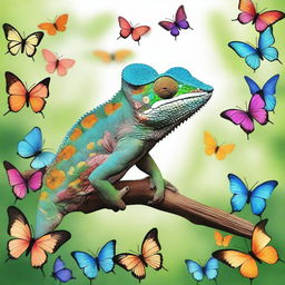 An artistic depiction of a chameleon surrounded by many butterflies