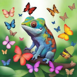 An artistic depiction of a chameleon surrounded by many butterflies