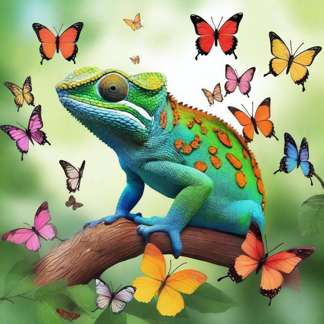 An artistic depiction of a chameleon surrounded by many butterflies