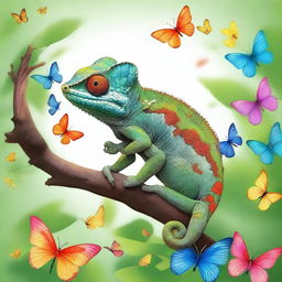 An artistic depiction of a chameleon surrounded by many butterflies