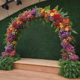 A multicolored, Arc-shaped flower decoration in front of the stage, overflowing with a variety of vibrant flowers and lush greenery.