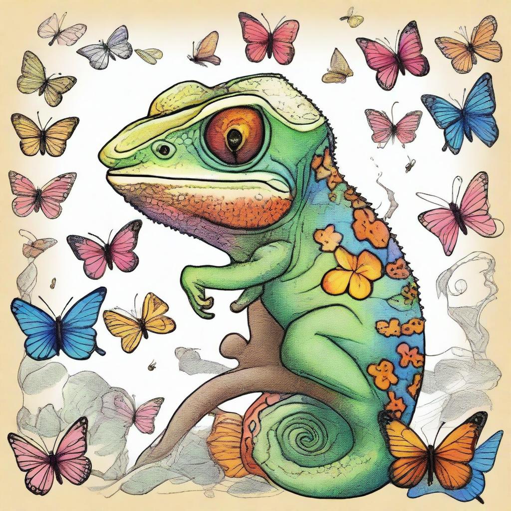 A drawing of a chameleon surrounded by many butterflies