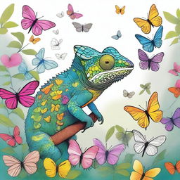 A drawing of a chameleon surrounded by many butterflies