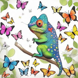 A drawing of a chameleon surrounded by many butterflies