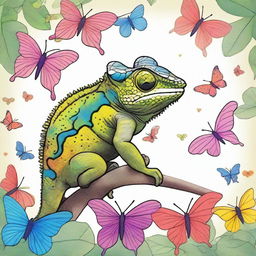 A drawing of a chameleon surrounded by many butterflies