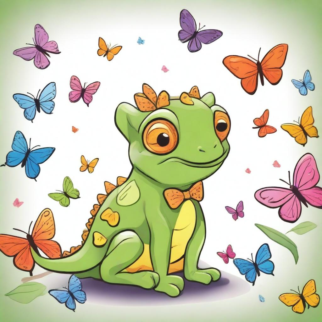 A cute drawing of a small, cheerful chameleon with a bow on its head, surrounded by many butterflies