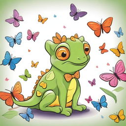 A cute drawing of a small, cheerful chameleon with a bow on its head, surrounded by many butterflies