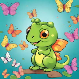 A cute drawing of a small, cheerful chameleon with a bow on its head, surrounded by many butterflies