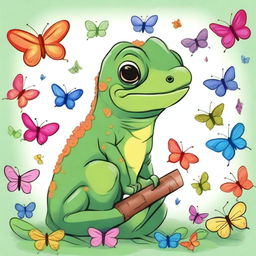 A cute drawing of a small, cheerful chameleon with a bow on its head, surrounded by many butterflies