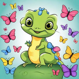 A cute drawing of a small, cheerful chameleon with a bow on its head, surrounded by many butterflies