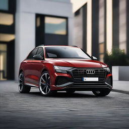 Create a high-resolution image of an Audi Q8 RS+, showcasing its sleek design, aggressive front grille, and sporty features