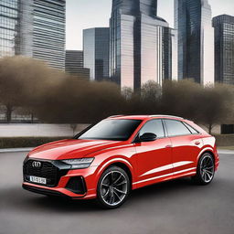 Create a high-resolution image of an Audi Q8 RS+, showcasing its sleek design, aggressive front grille, and sporty features