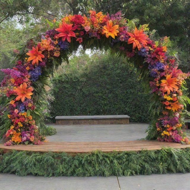 A multicolored, Arc-shaped flower decoration in front of the stage, overflowing with a variety of vibrant flowers and lush greenery.