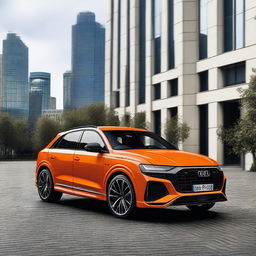 Create a high-resolution image of an Audi Q8 RS+, showcasing its sleek design, aggressive front grille, and sporty features