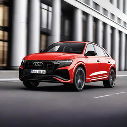 Create a high-resolution image of an Audi Q8 RS+, showcasing its sleek design, aggressive front grille, and sporty features