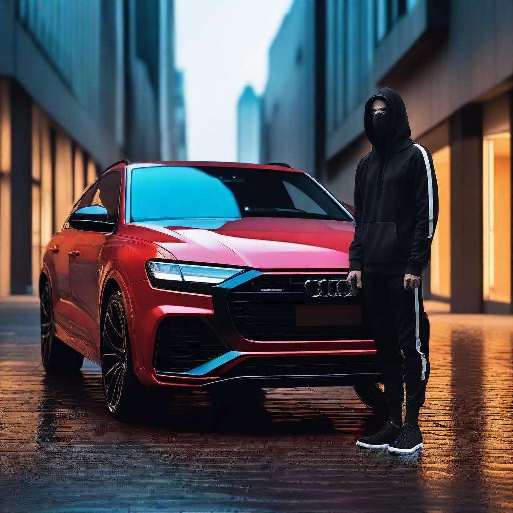 Create a high-resolution image of an Audi Q8 RS with a hacker wearing an Anonymous mask standing next to it