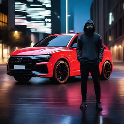 Create a high-resolution image of an Audi Q8 RS with a hacker wearing an Anonymous mask standing next to it