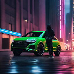 Create a high-resolution image of an Audi Q8 RS with a hacker wearing an Anonymous mask standing next to it