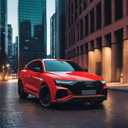 Create a high-resolution image of an Audi Q8 RS with a hacker wearing an Anonymous mask standing next to it