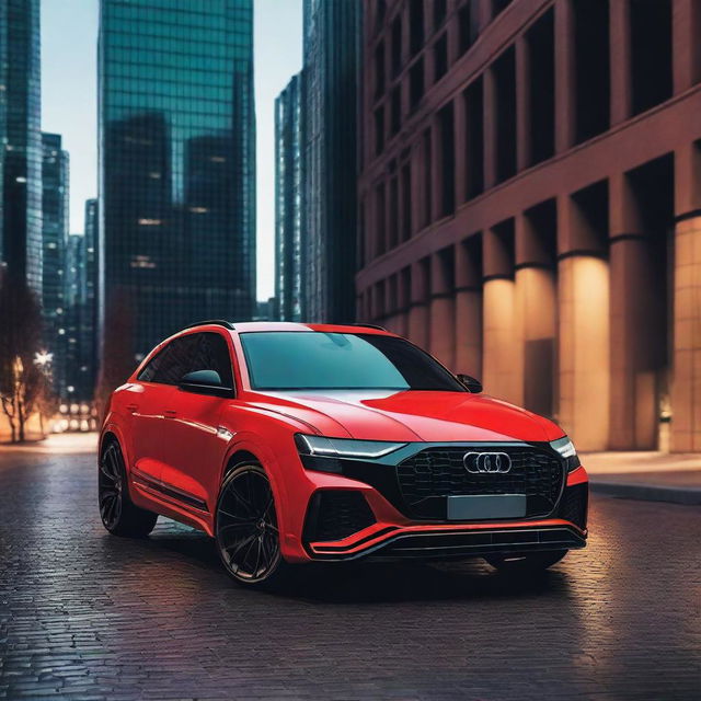 Create a high-resolution image of an Audi Q8 RS with a hacker wearing an Anonymous mask standing next to it