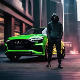 Create a high-resolution image of an Audi Q8 RS with a hacker wearing an Anonymous mask standing next to it