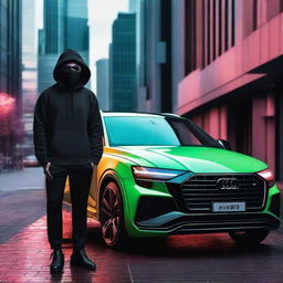 Create a high-resolution image of an Audi Q8 RS with a hacker wearing an Anonymous mask standing next to it