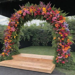 A multicolored, Arc-shaped flower decoration in front of the stage, overflowing with a variety of vibrant flowers and lush greenery.