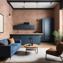 An industrial-style studio apartment living room featuring an open kitchen, a blue sofa, and a brown chair