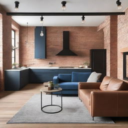 An industrial-style studio apartment living room featuring an open kitchen, a blue sofa, and a brown chair