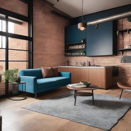 An industrial-style studio apartment living room featuring an open kitchen, a blue sofa, and a brown chair